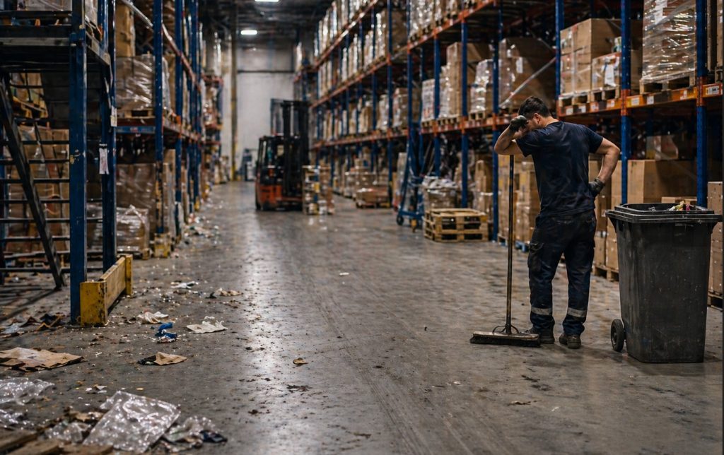 Agent de nettoyage manuel dans un entrepôt logistique avec déchets au sol illustrant les limites du nettoyage traditionnel