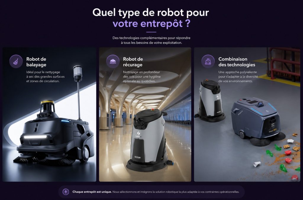 Types de robots pour entrepôt logistique : robot de balayage, robot de récurage et solution combinée pour le nettoyage industriel
